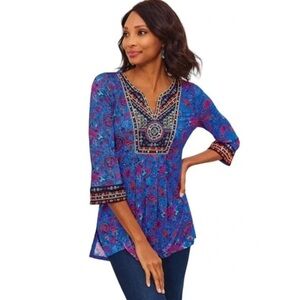Soft Surroundings Blue Floral Beaded tamuri tunic top size small